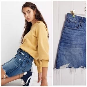 Madewell Button Front Denim Mini Skirt Distressed Raw Hem Size 27 Cotton